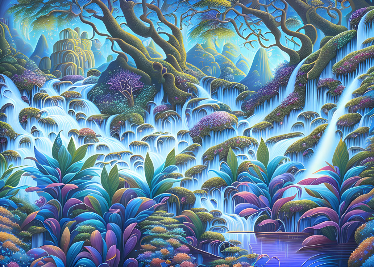 Fantastical landscape with cascading waterfalls and colorful foliage