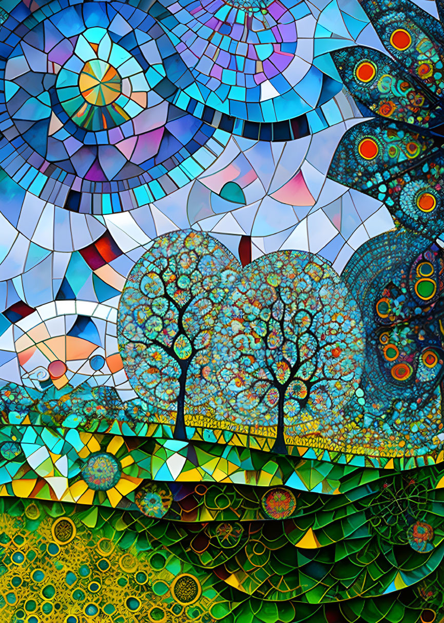 Colorful Mosaic Art of Stylized Trees and Geometric Patterns