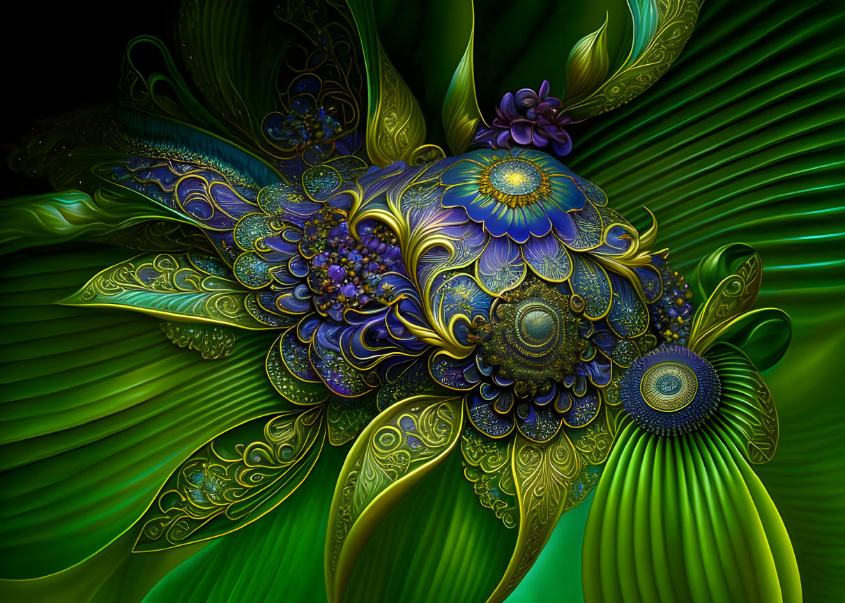 Intricate Floral Fractal Design in Green and Blue