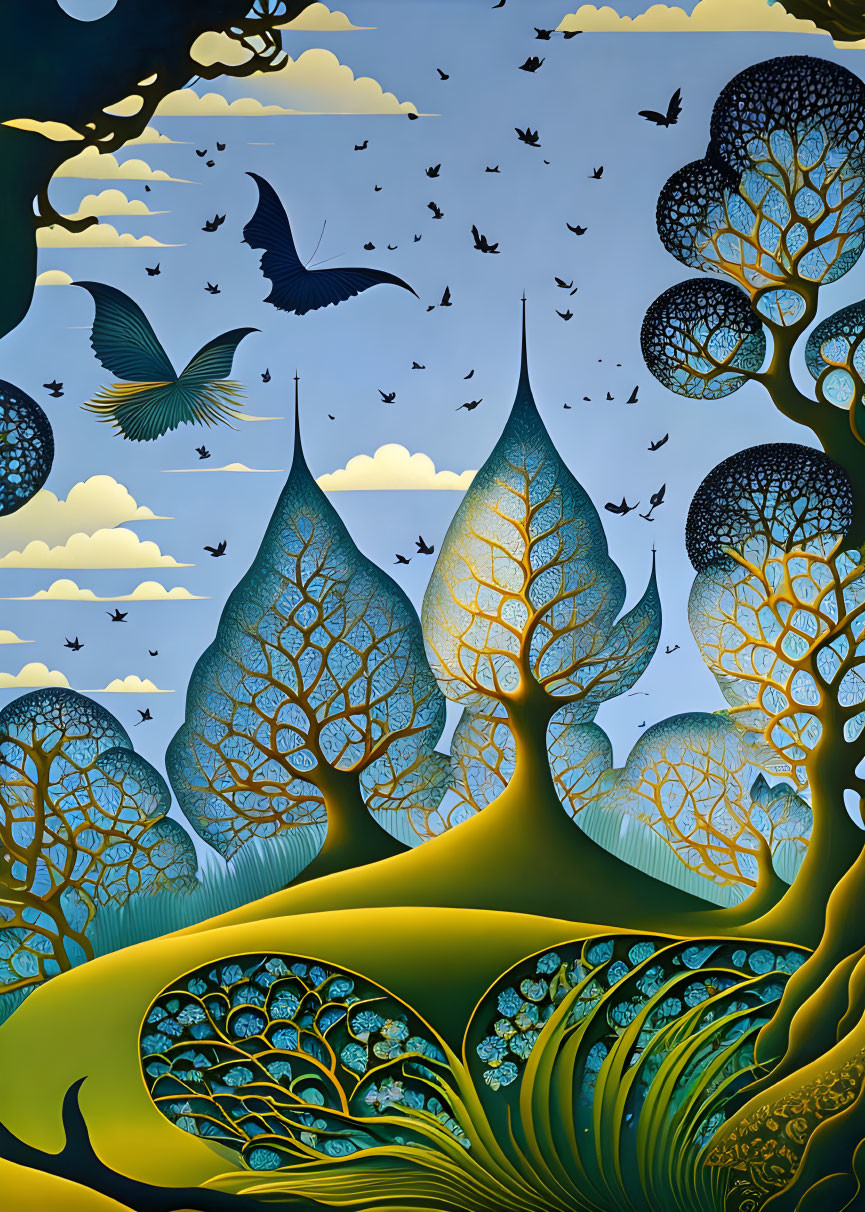 Colorful Artwork: Whimsical Trees, Peacocks, and Birds on Blue and Gold