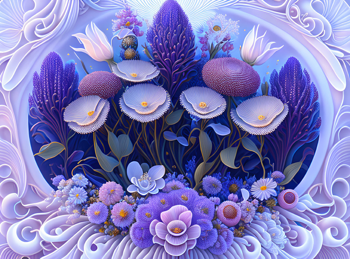 Colorful digital artwork: Purple flowers, plants, organic patterns on blue gradient.