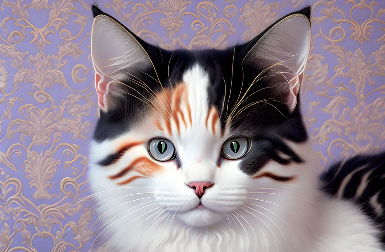 Vivid Tricolor Cat Digital Painting on Purple Background