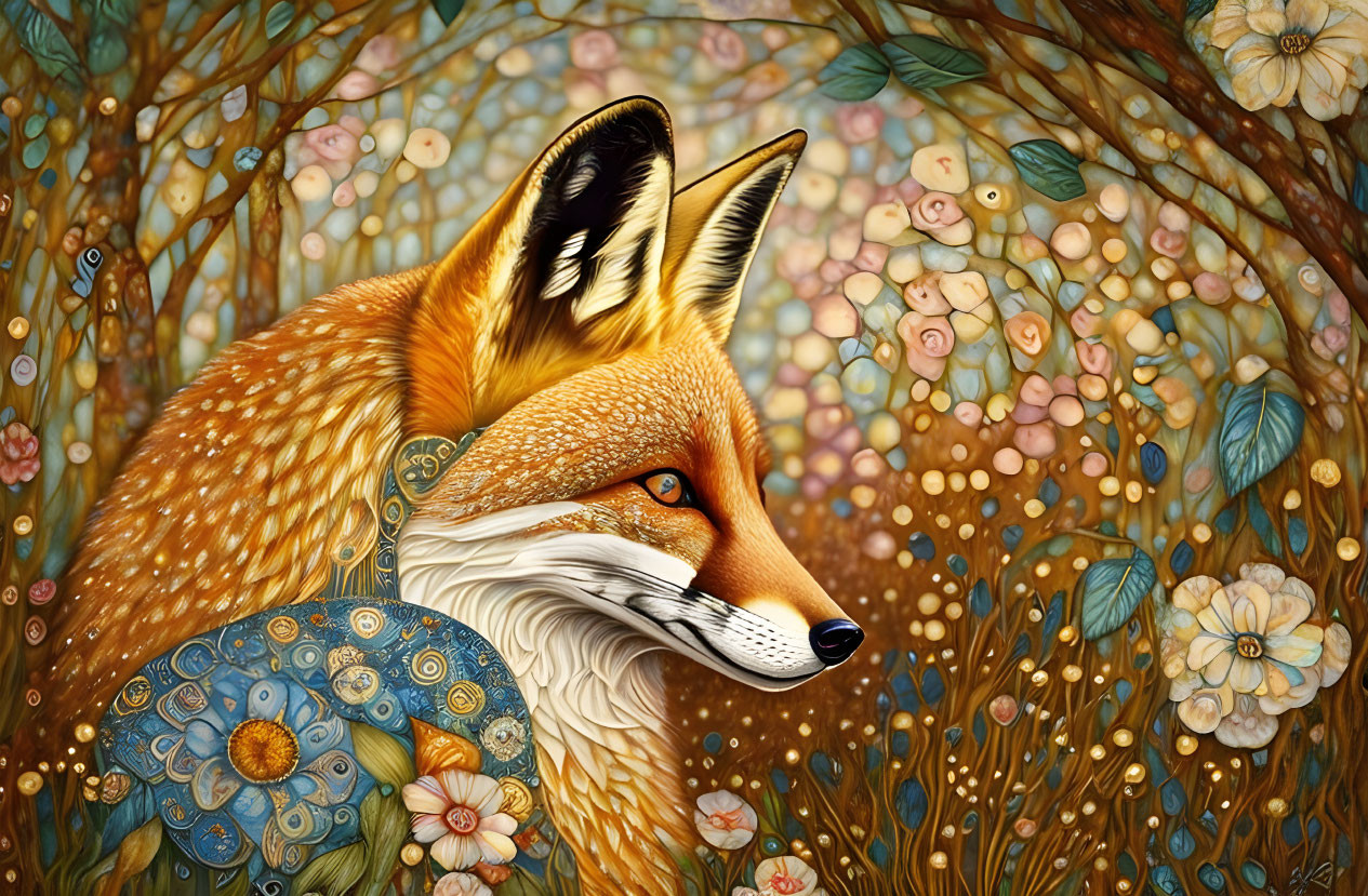 Fox with ornate fur patterns in whimsical forest scene