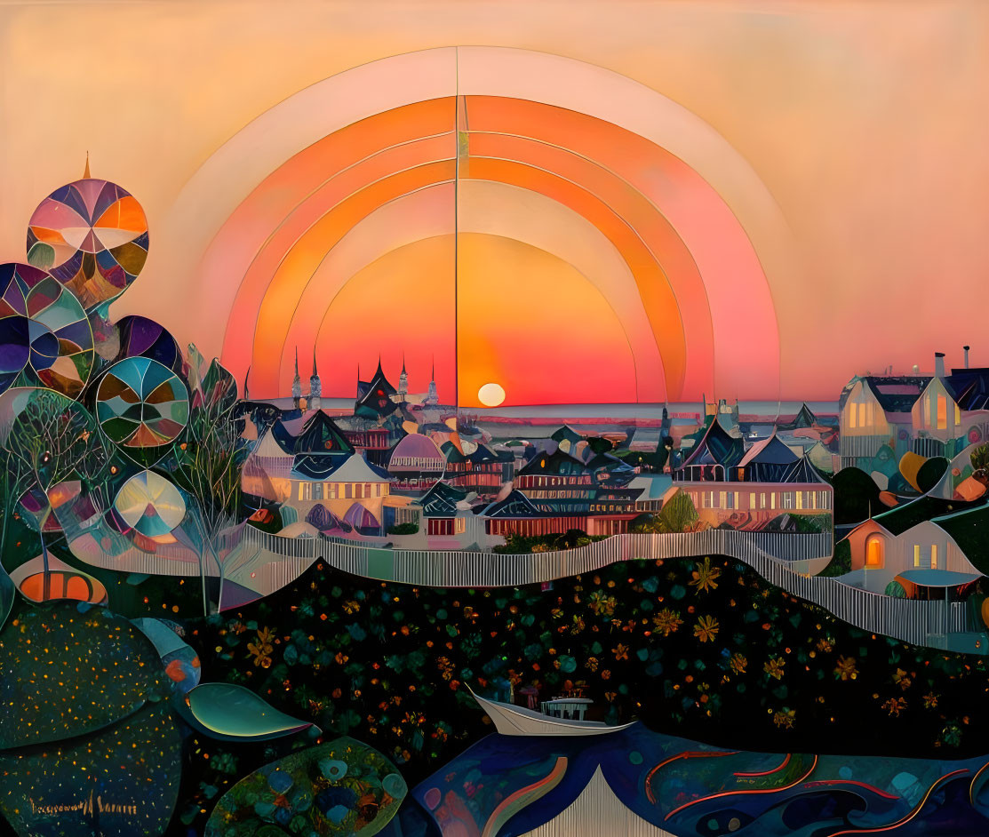 Stylized sunset over quaint town with distinctive buildings and whimsical river