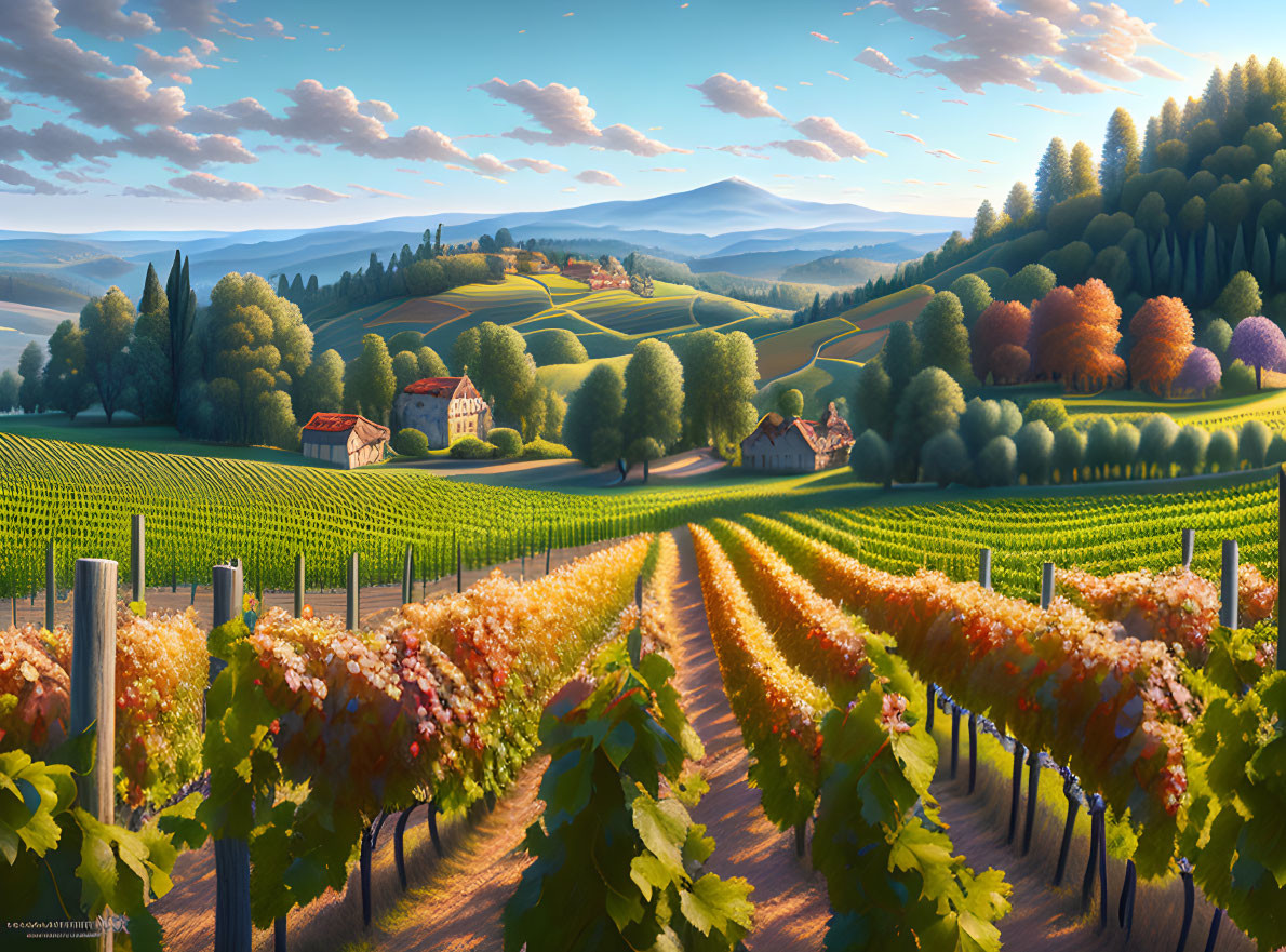 Scenic vineyard landscape with rolling hills, houses, and trees under a clear sky