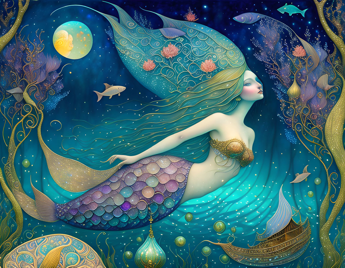 Mermaid illustration with flowing hair, fish tail, marine life, and moonlit sky