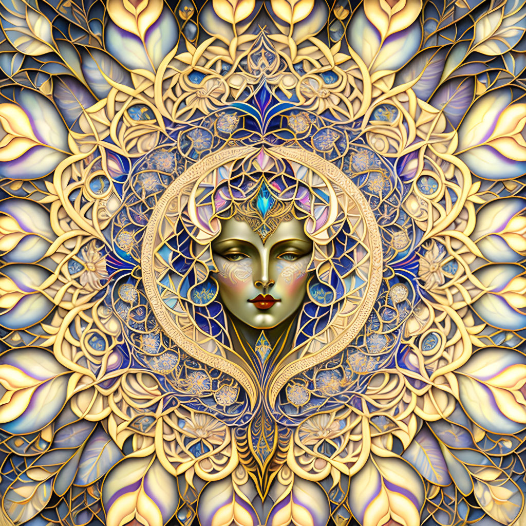 Symmetrical gold and blue mandala patterns surrounding serene female face