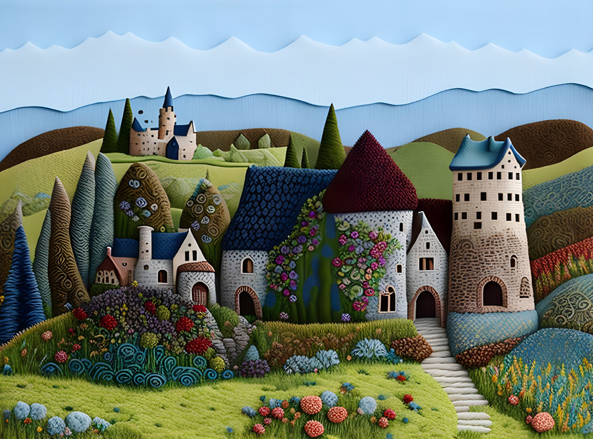 Colorful Textured Fantasy Landscape with Flora, Castles, and Patterned Trees