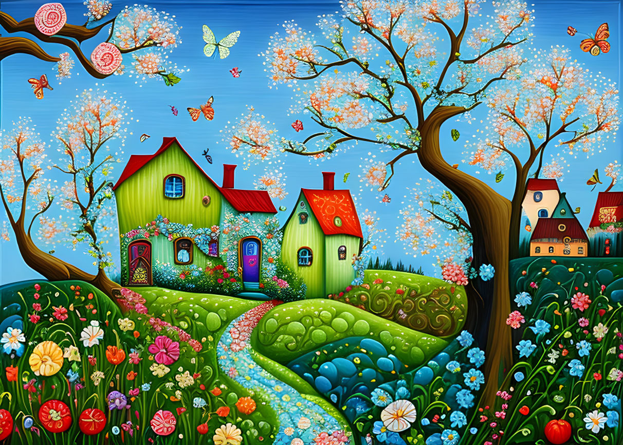 Colorful Stylized Landscape with Houses, Trees, and Butterflies