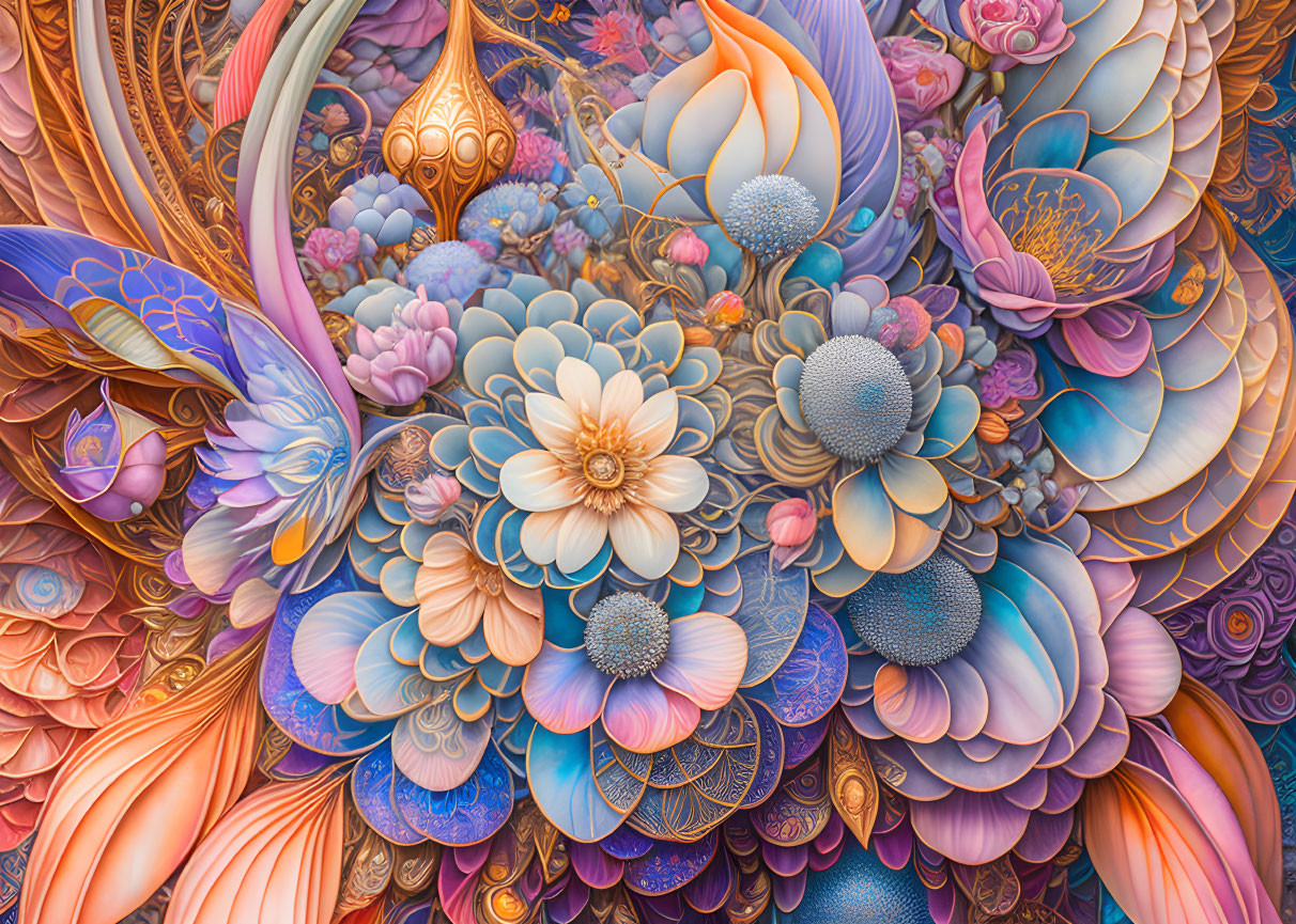 Colorful floral designs in blues, oranges, pinks, and gold palette