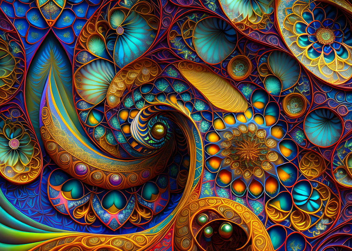 Colorful fractal art with intricate patterns and metallic hues