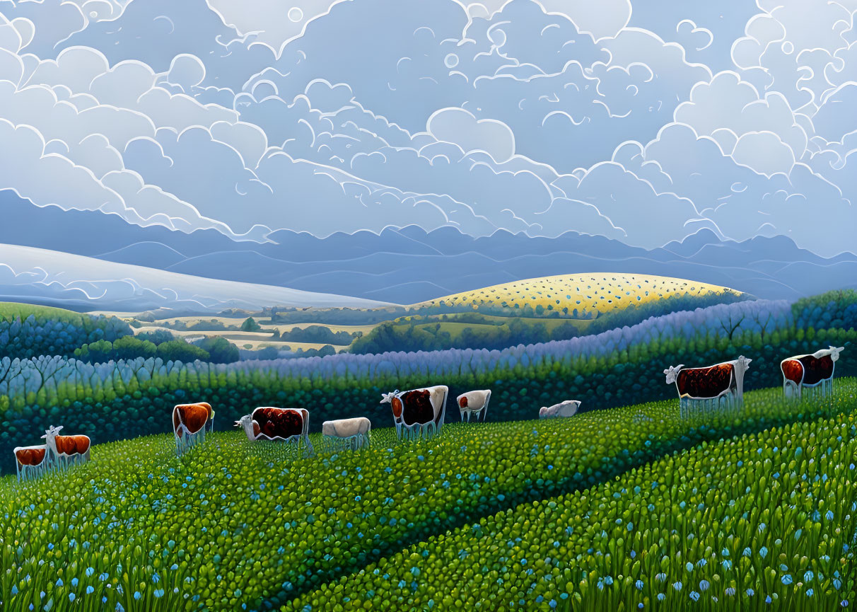 Vibrant pastoral scene: cows grazing in green field, rolling hills, patterned sky