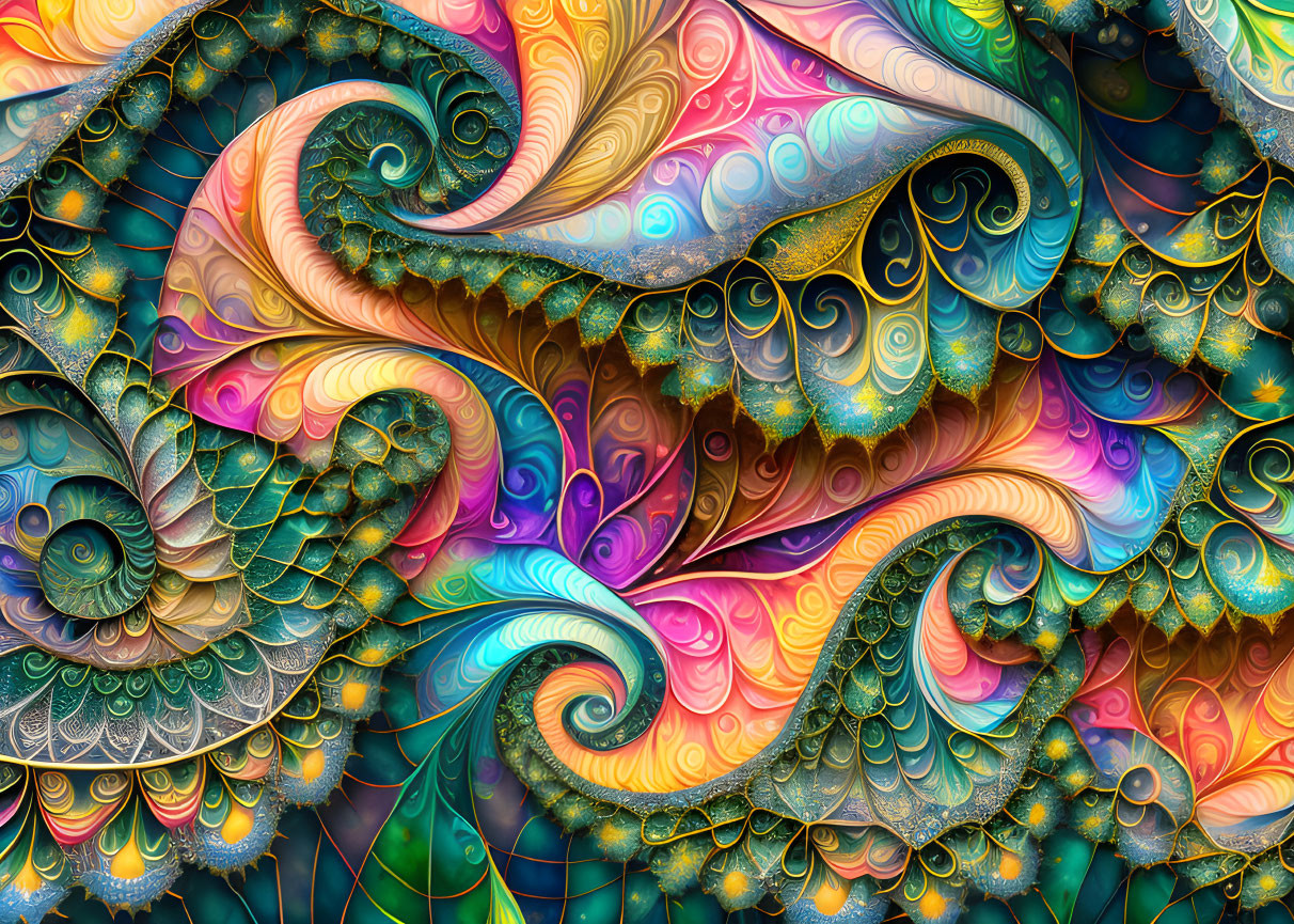 Colorful fractal image with intricate swirls and patterns in rainbow hues