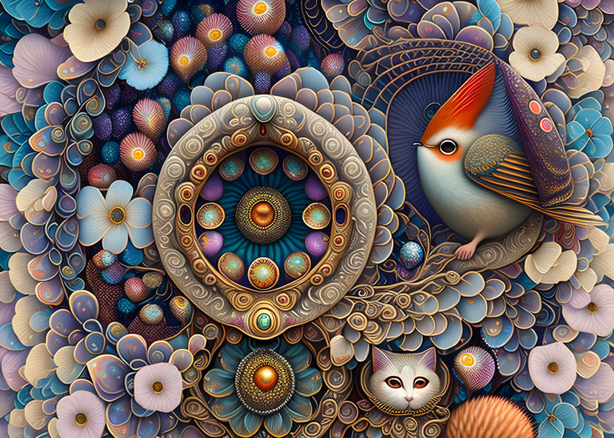 Colorful digital artwork: stylized bird, intricate patterns, floral and mandala motifs, whimsical