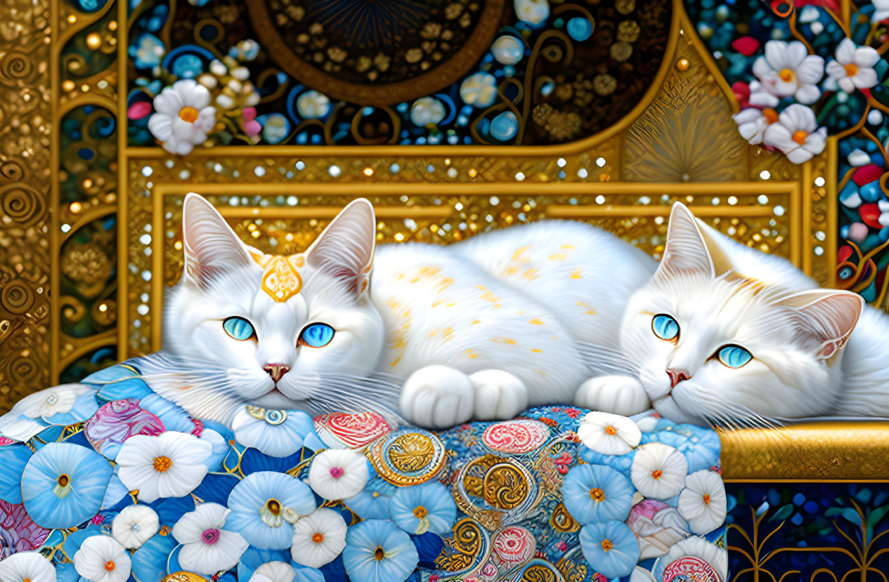 White cats with blue eyes on embroidered cushion with golden patterns