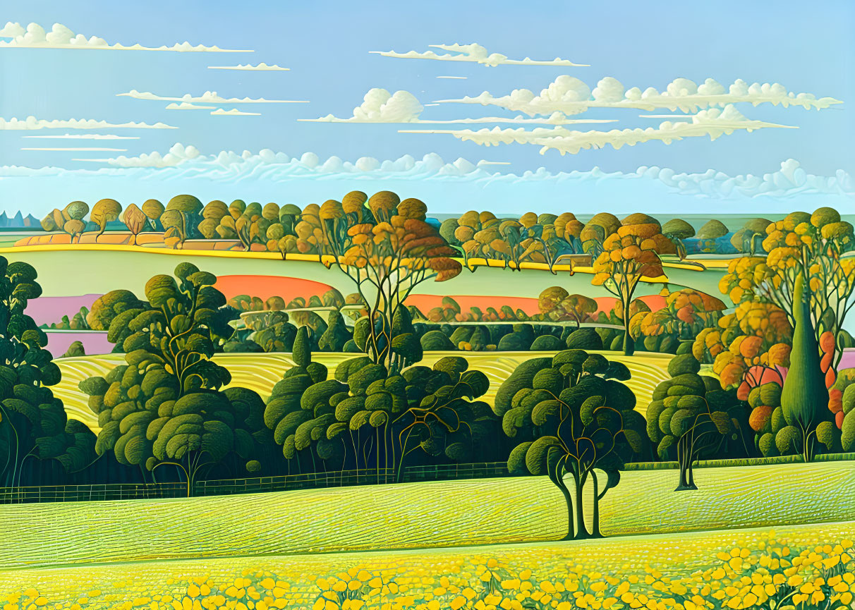 Colorful Stylized Landscape with Rounded Trees and Fields Under Blue Sky