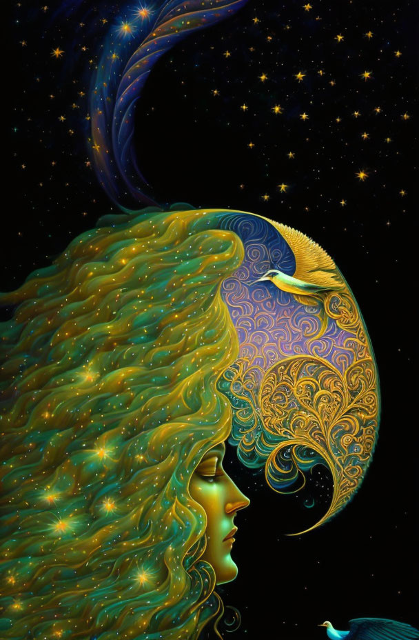 Stylized woman's profile with flowing hair against cosmic backdrop