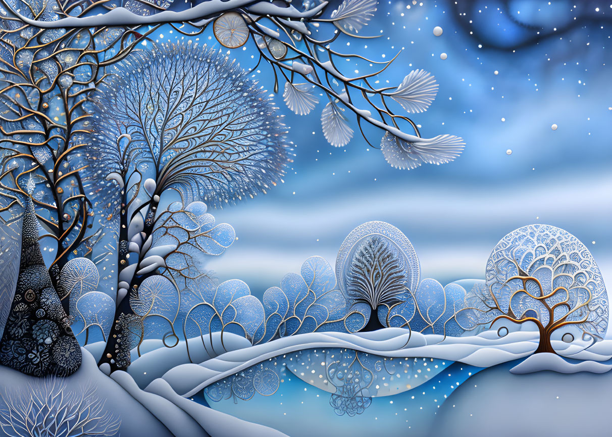 Whimsical winter scene with stylized trees and snowy grounds