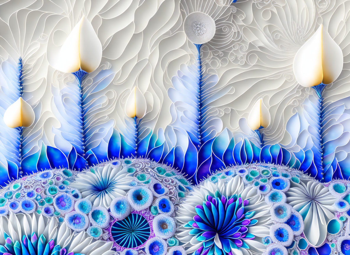 Intricate Floral and Geometric Fractal Art in Blue and White