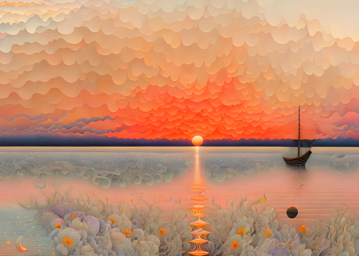 Sunset with layered clouds, calm water, sailing ship, and floral patterns