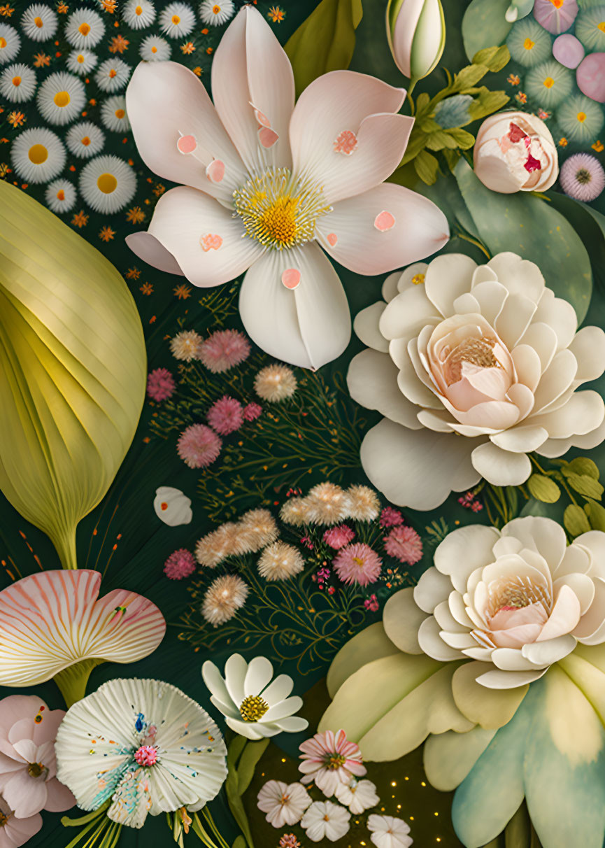 Detailed illustration of vibrant blossoming flowers against dark background