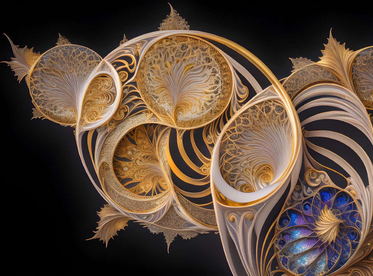 Intricate Fractal Design: Swirling Golden and White Patterns on Dark Background