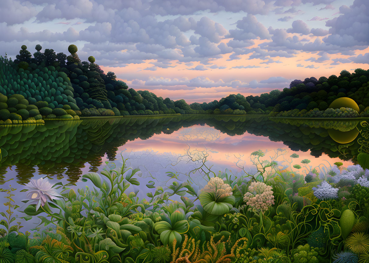 Symmetrical water reflection of lush forest under twilight sky