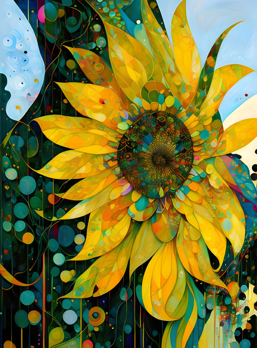 Colorful Stylized Sunflower Artwork with Abstract Patterns
