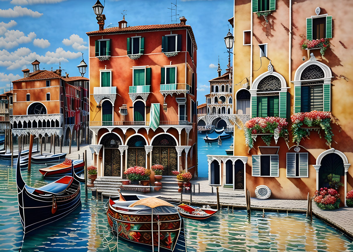 Vibrant Venetian canal with colorful buildings and gondolas under clear blue sky