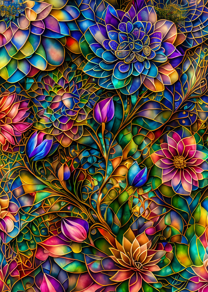 Colorful Stained Glass Style Floral Illustration with Rich Palette