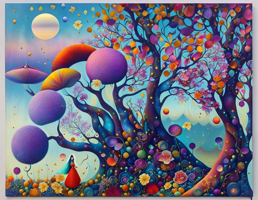 Vibrant surreal painting: person under oversized mushrooms and whimsical trees