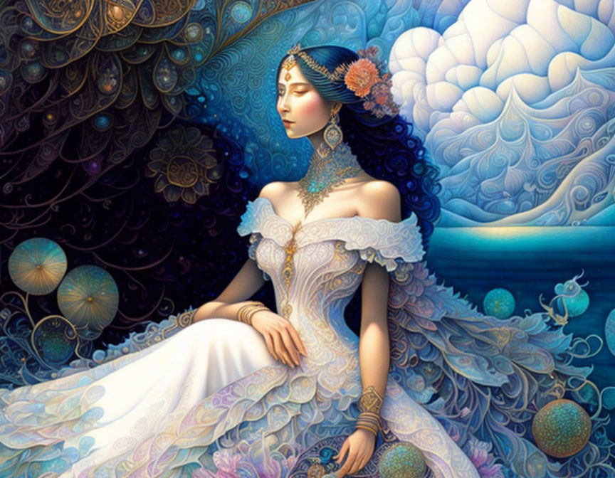 Fantasy-style woman with ornate jewelry in blue and gold palette