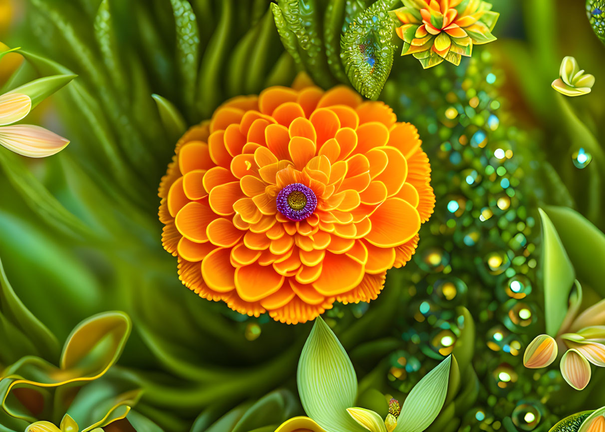 Bright Orange Flower with Purple Center and Dewdrops in Green Foliage