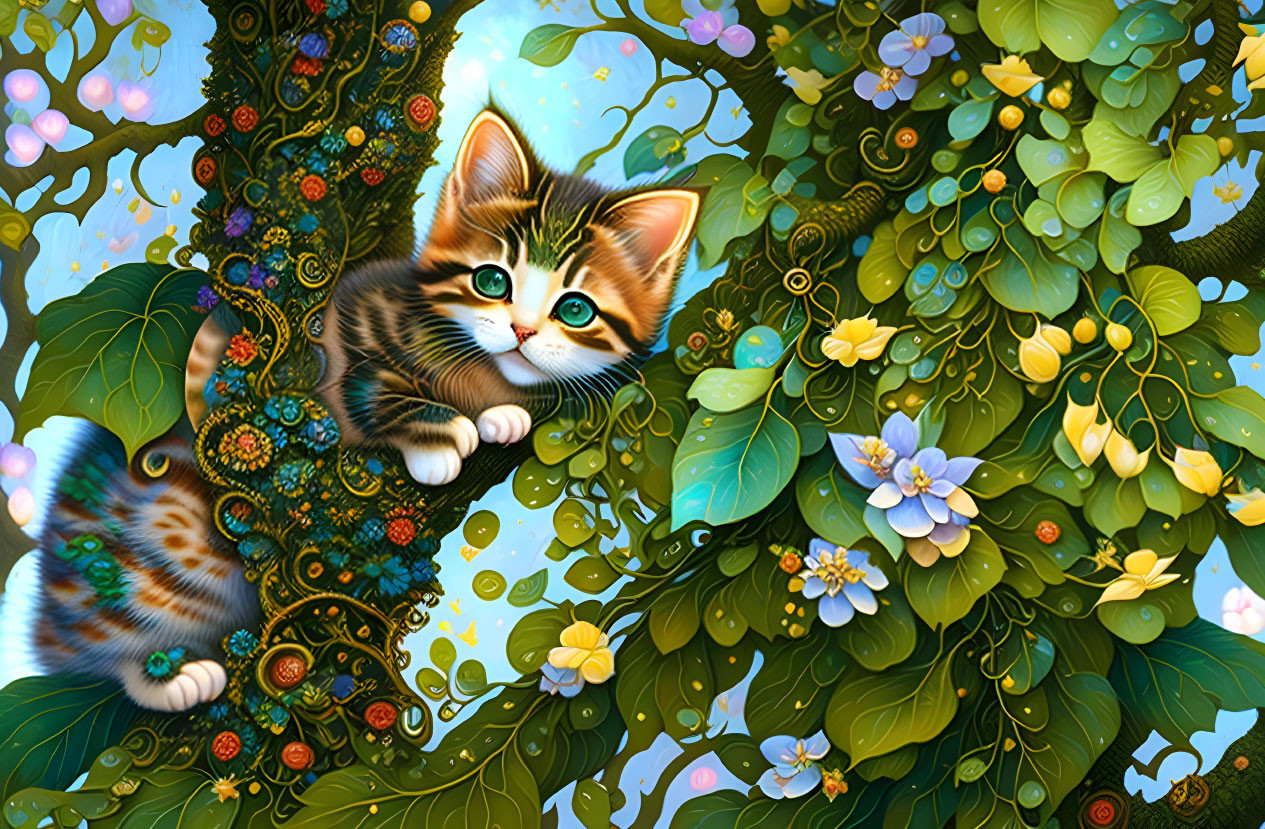 Colorful Illustration: Cute Kitten in Fantasy Garden