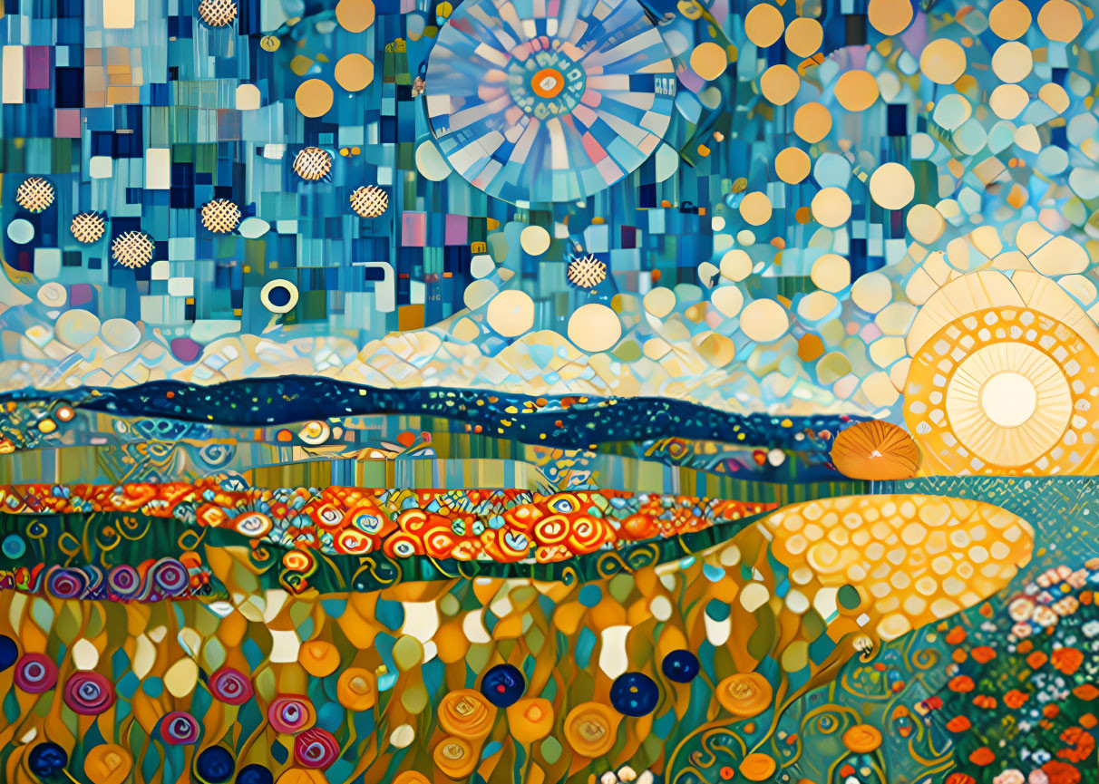 Colorful Abstract Artwork with Sun-like Circles and Swirling Patterns