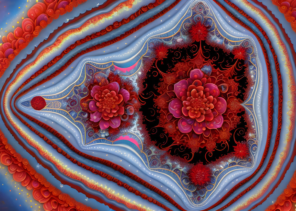 Intricate Floral Fractal Image in Blue, Red, and Orange