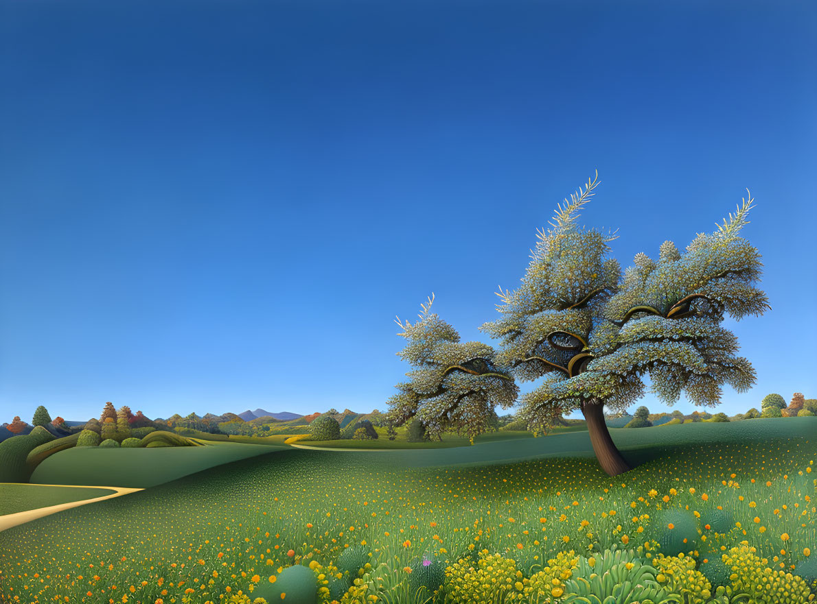 Vibrant tree in stylized landscape with green hills and blue sky