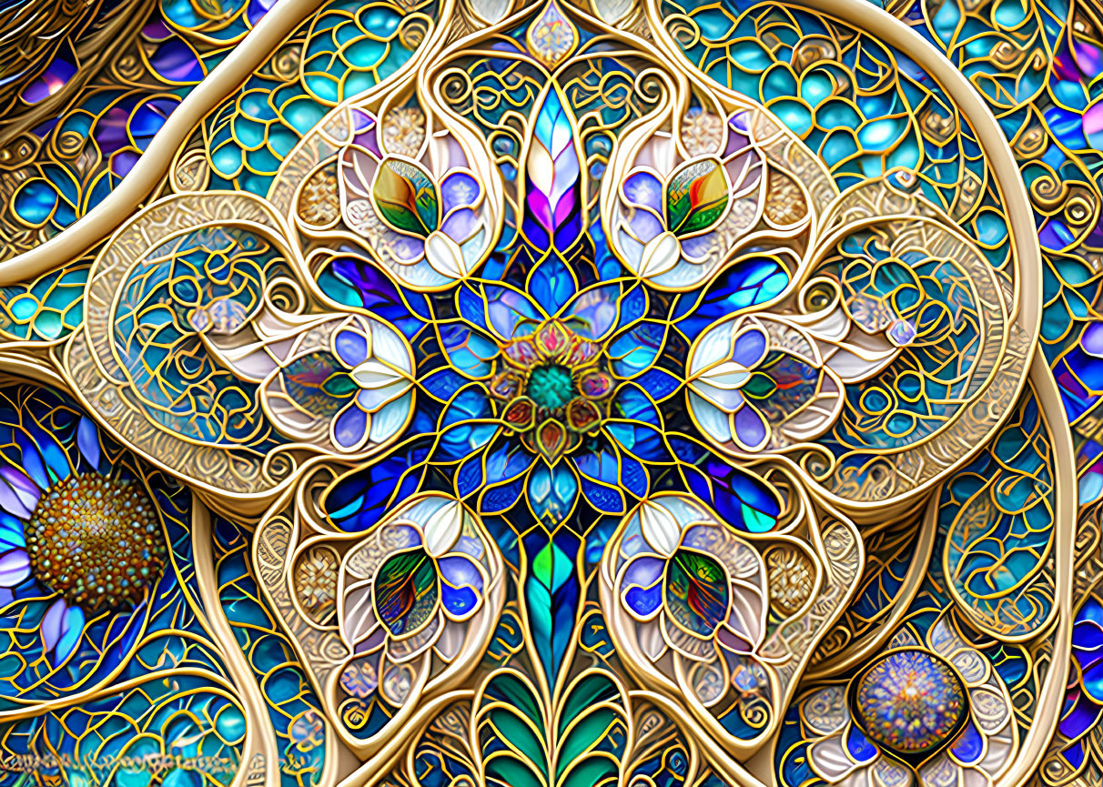 Symmetrical fractal design with vibrant blues, golds, and purples