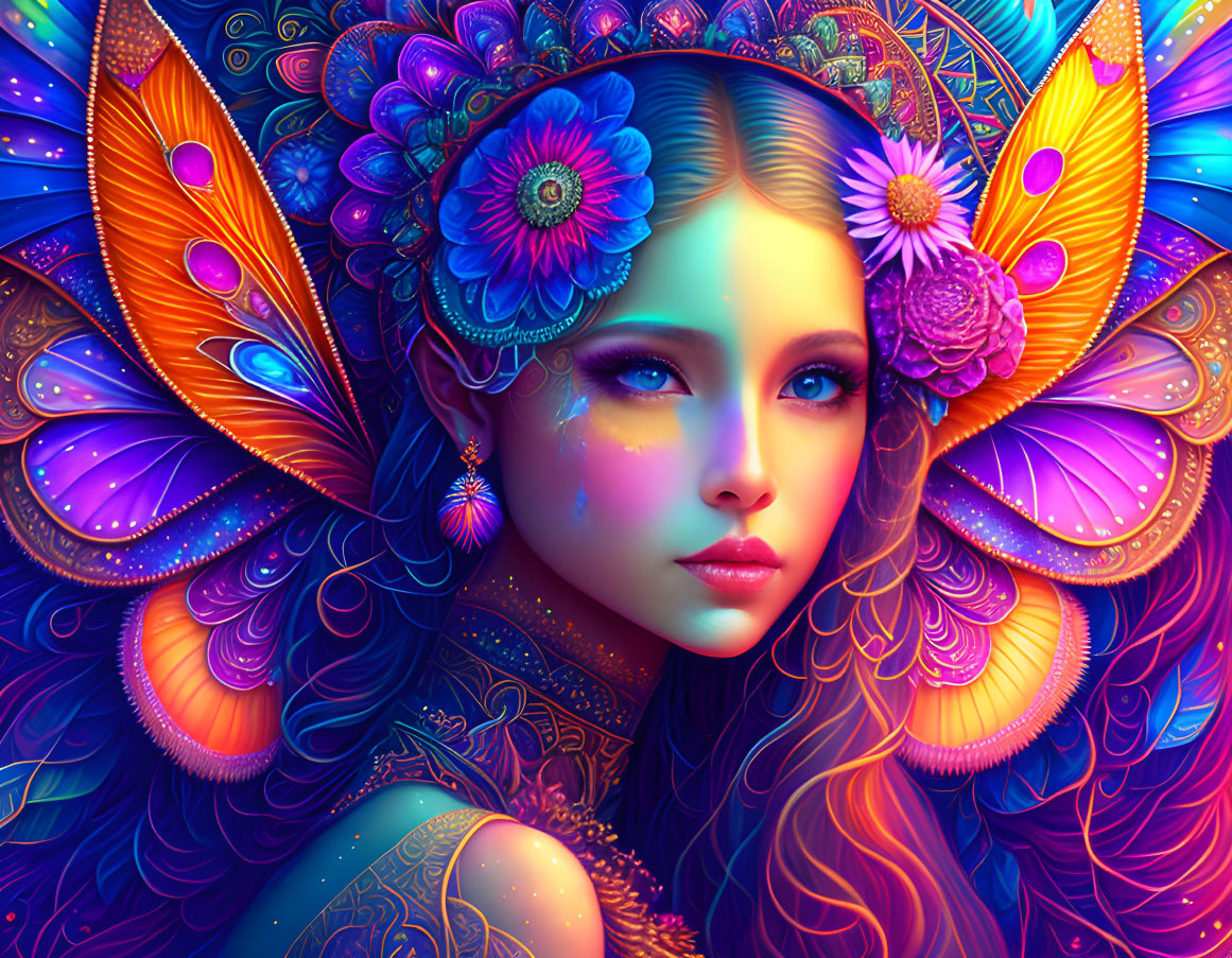 Fantastical woman with butterfly wings and vibrant flowers