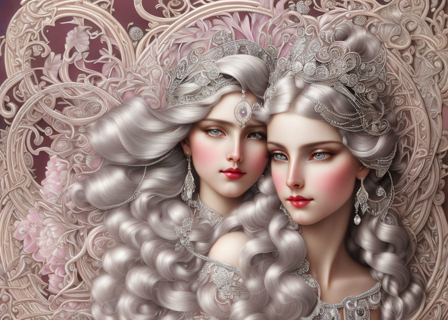 Ethereal women with silver hair and elaborate headpieces on pink background