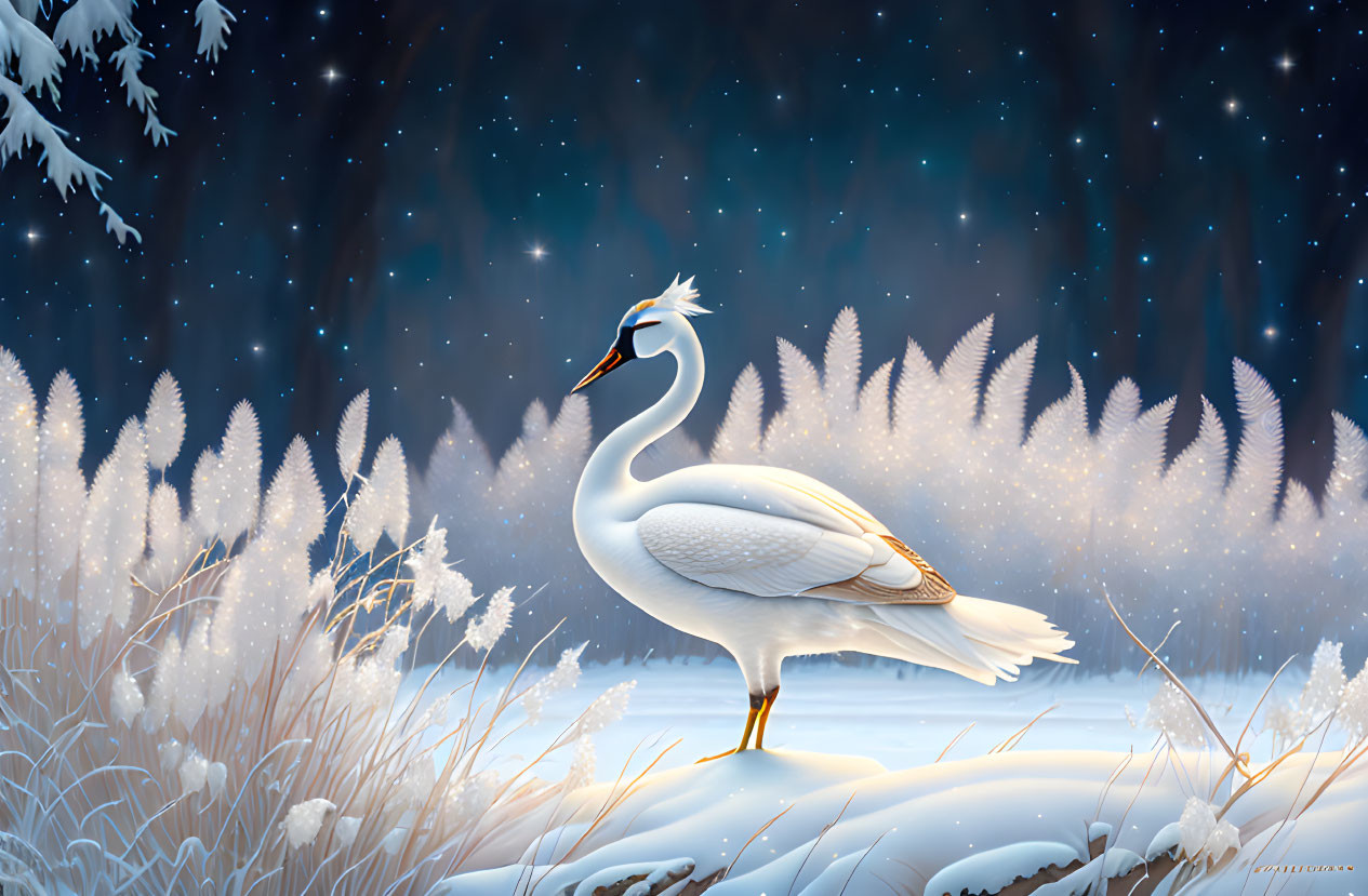 White crane in snow-covered landscape with tall reeds under starry night sky