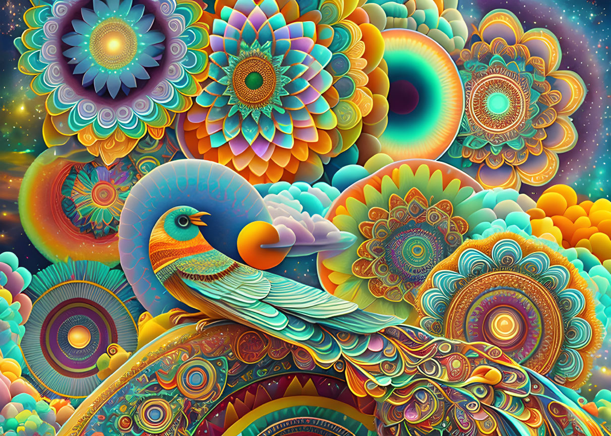 Colorful Artwork: Stylized Bird in Psychedelic Setting