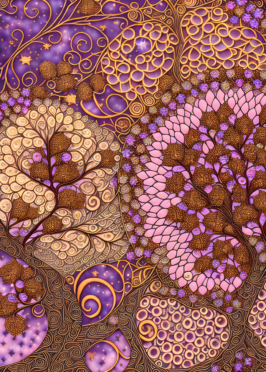 Fractal-inspired digital artwork with swirling tree motifs in purple, gold, and pink hues.