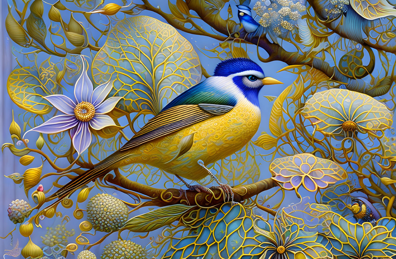 Colorful Artwork: Blue and Yellow Bird on Branch with Golden Foliage and White Blossoms