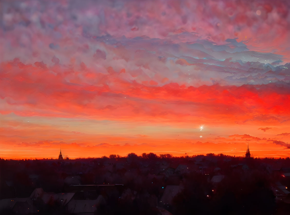 Vivid Red and Orange Sunset Over Silhouetted Cityscape