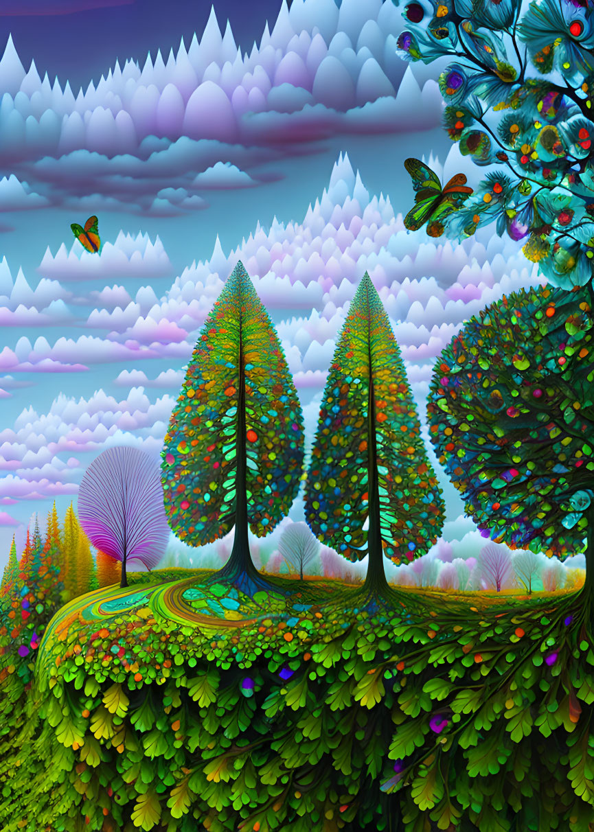 Colorful surreal landscape with patterned trees, hills, clouds, and butterfly