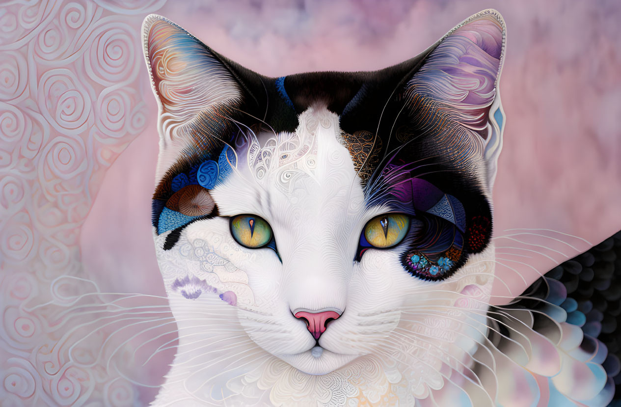 Colorful digital artwork: stylized cat with vibrant eyes on pastel background