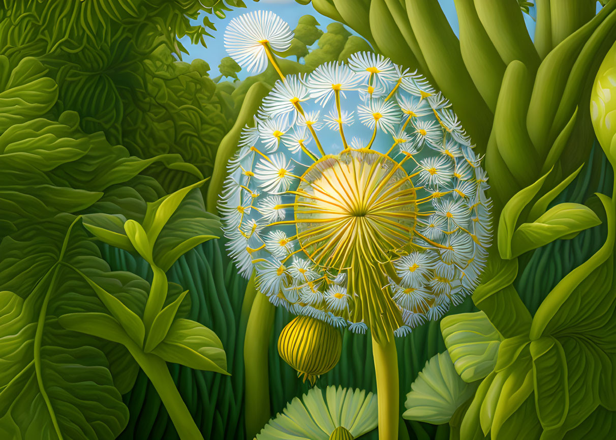 Detailed Dandelion Illustration in Lush Greenery