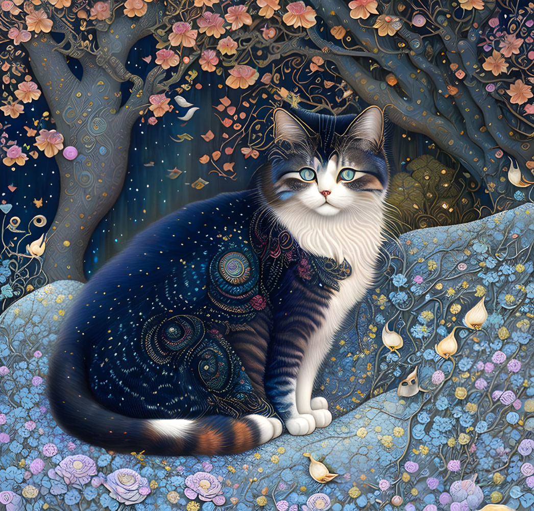 Cosmic-patterned cat among blooming flowers with tree and doves.