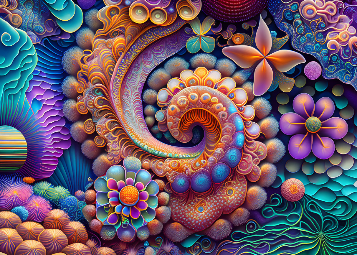 Colorful psychedelic artwork with intricate patterns, spiraling shape, stylized flowers.